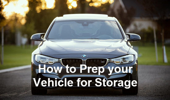 A sedan with the sentence "how to prepare your vehicle for storage" written over it