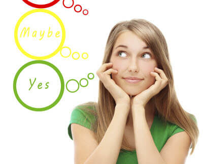 A woman holds her face, with three thought bubbles that say "No", "maybe", and "yes"