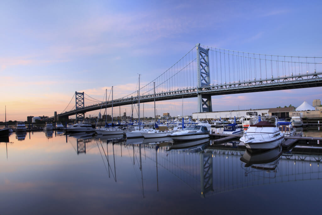An evening photo of the Ben Franklin Bridge in Philadelphia