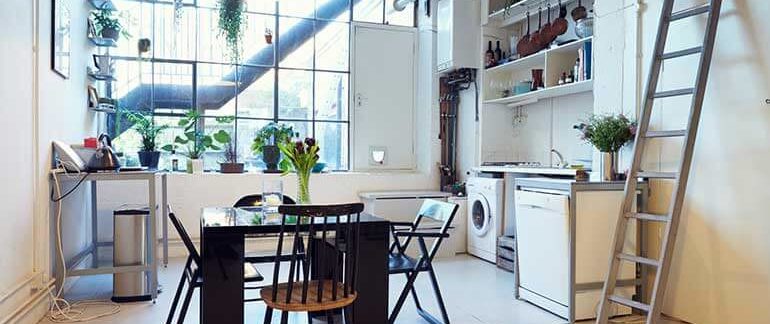 Interior of a loft apartment kitchen.