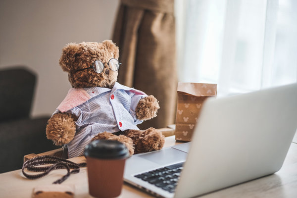 A stuffed teddy bear sits in front of a laptop