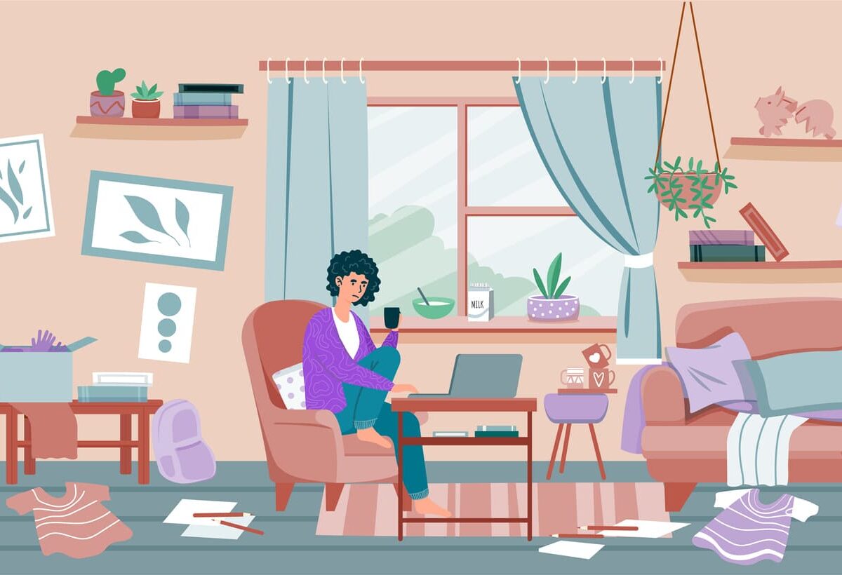 Woman drinking coffee in a cluttered home