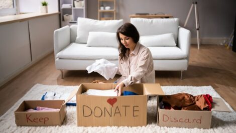 A woman sits on the floor sorting belongings into labeled boxes.