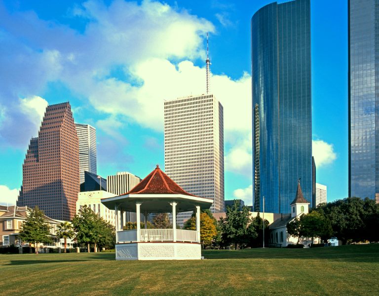 A photograph of the Bandstand in Sam Houston Park