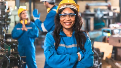 A Smiling woman faces the camera with her arms folded, wearing PPE