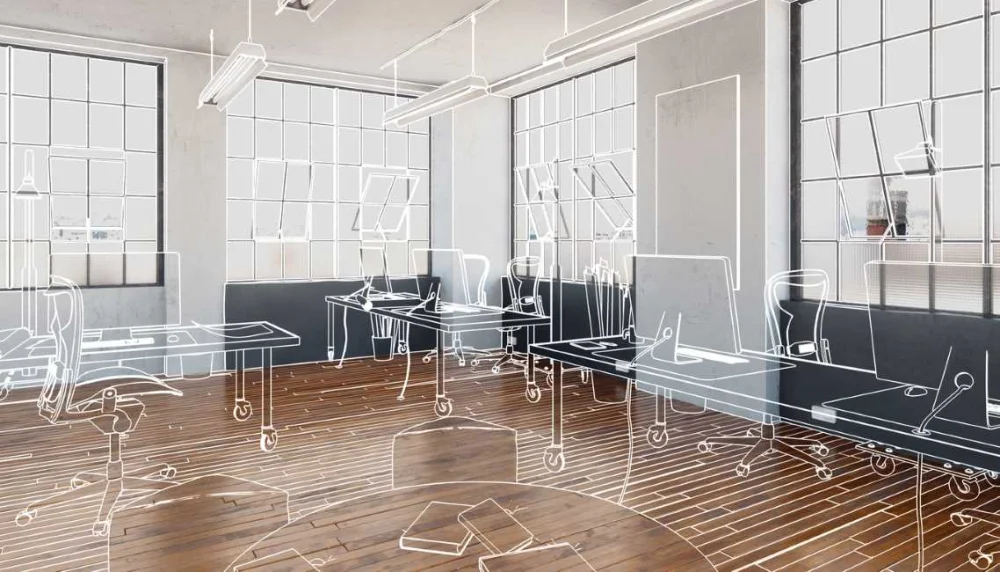 An empty office space with sketch designs on top of a modern office layout.