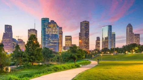 The skyline in Houston, TX, at sunset