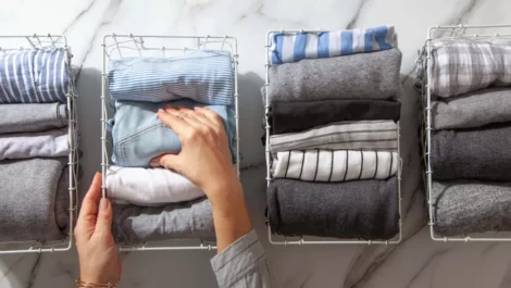 female hands folding and organizing clothing in wire bins.